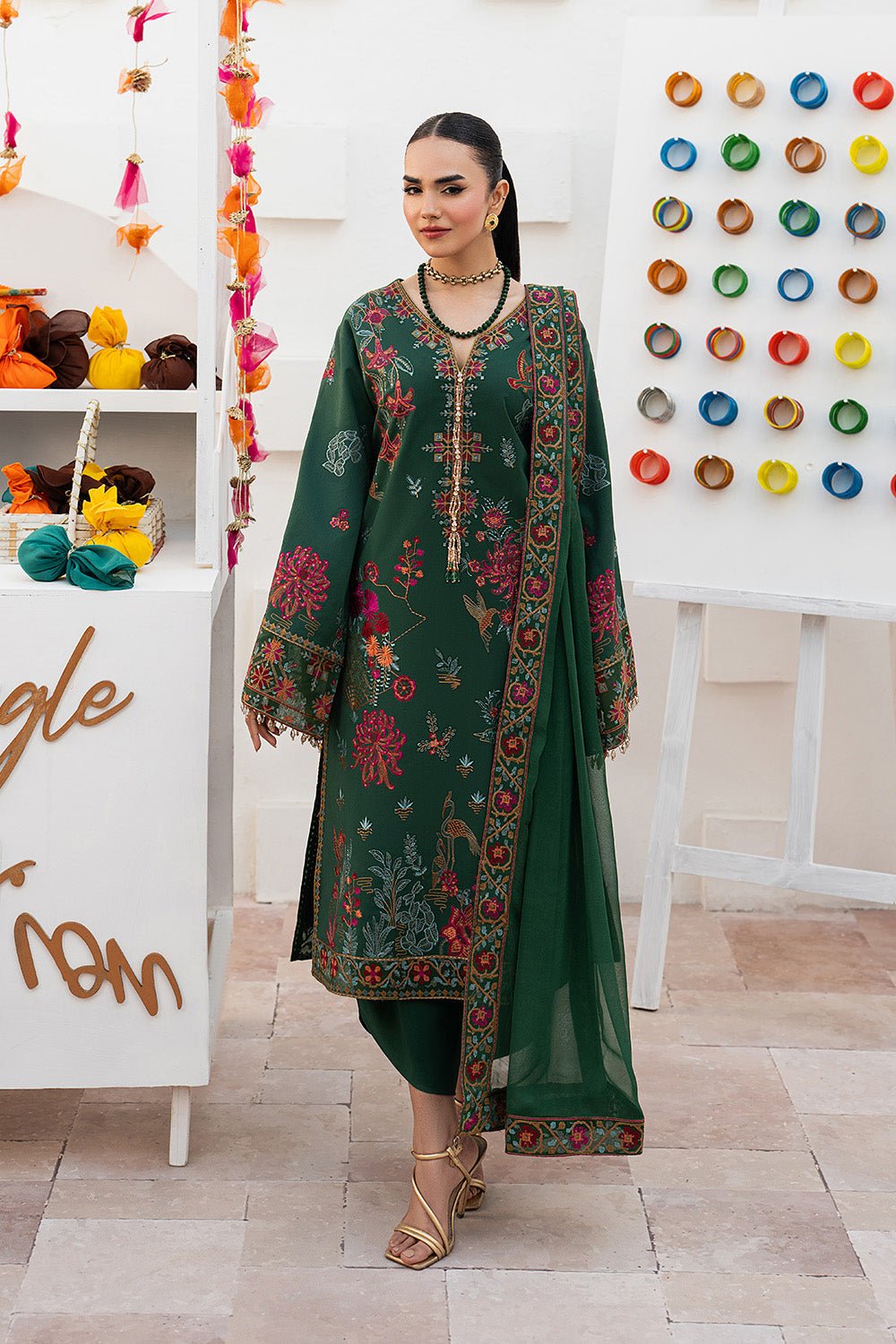 Maryum N Maria | The Eid Affair | NOORAIN - MSS6378-Brand:Maryum N Maria-Type:Ladies Clothes-Bottle Green-Lawn-House of Maryam- Buy in UK, USA