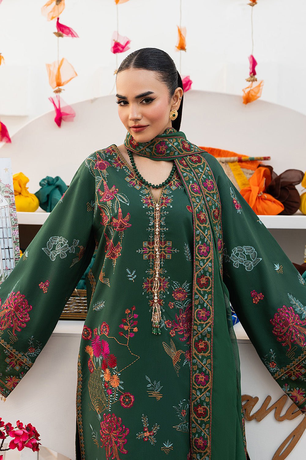Maryum N Maria | The Eid Affair | NOORAIN - MSS6378-Brand:Maryum N Maria-Type:Ladies Clothes-Bottle Green-Lawn-House of Maryam- Buy in UK, USA