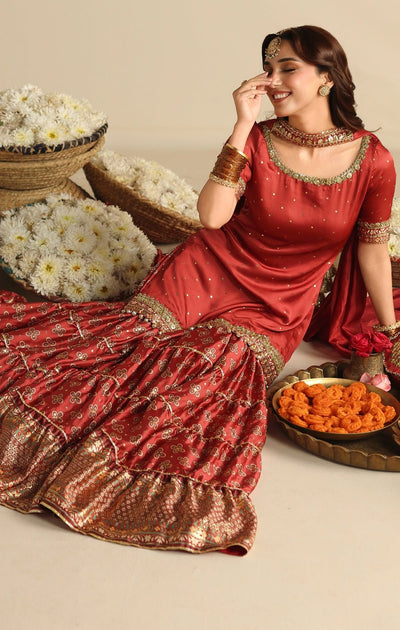 Maya | Jahanara Festive Edit 26 | AMARIYA-Brand:Maya-Type:Ladies Clothes-Dust Red-Premium Silk-House of Maryam- Buy in UK, USA