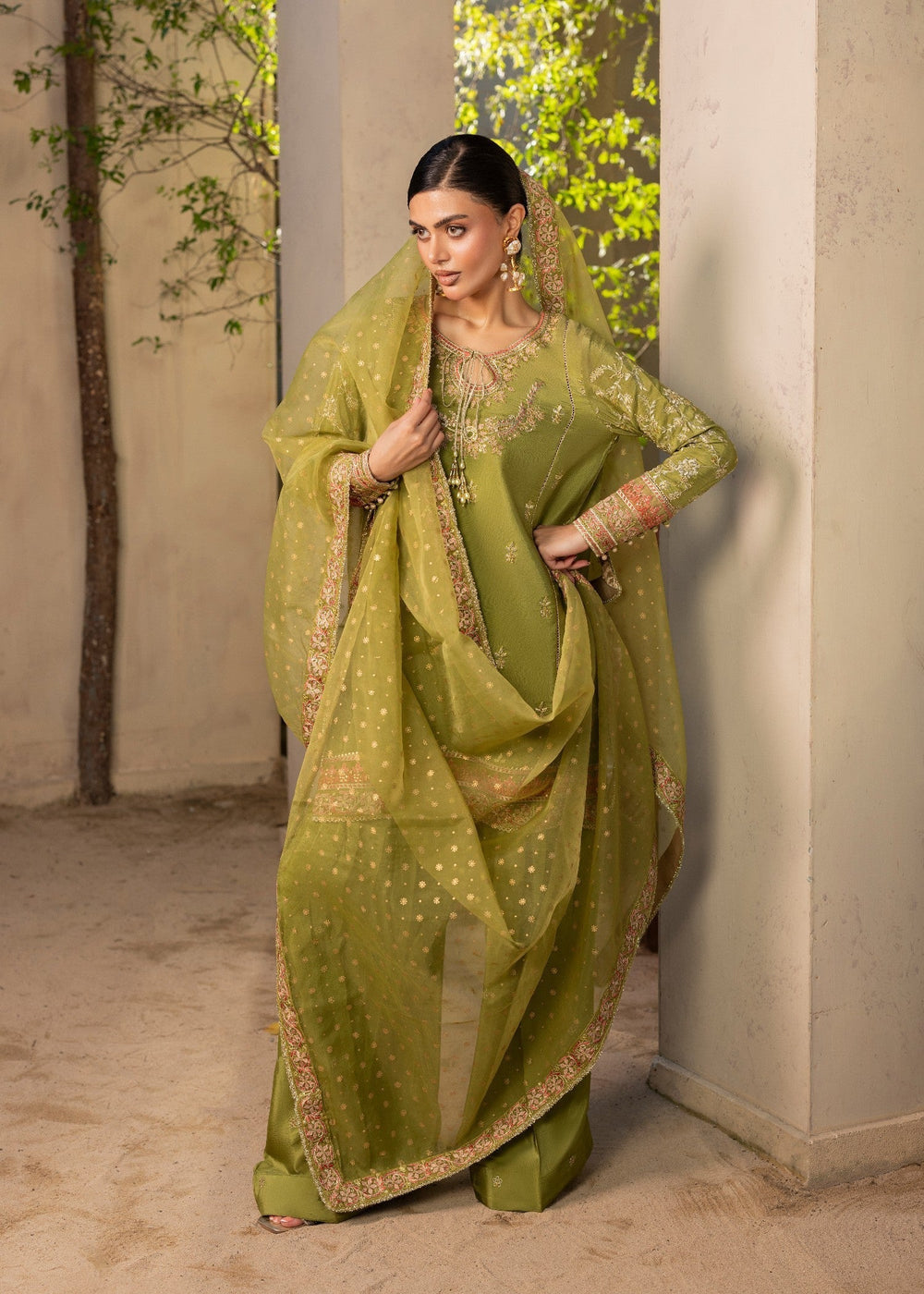 Diara Couture | Rangrez Luxe Pret |  DF-49 - OLIVE GREEN, image 2