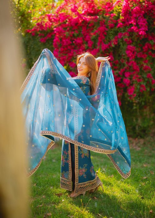 Meeral | Wedding Formals | Fidos-Brand:Meeral-Type:Ladies Clothes-Teal-Chiffon-House of Maryam- Buy in UK, USA