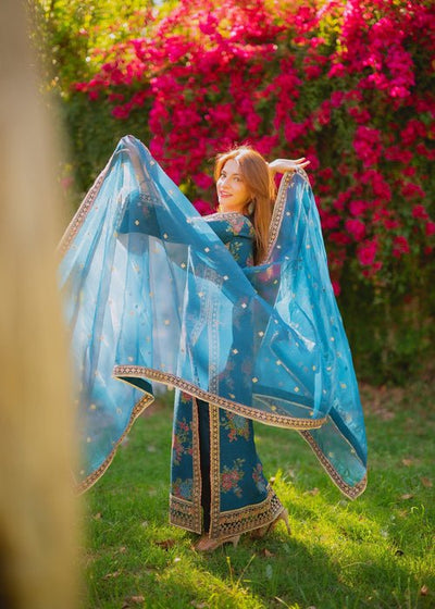 Meeral | Wedding Formals | Fidos-Brand:Meeral-Type:Ladies Clothes-Teal-Chiffon-House of Maryam- Buy in UK, USA