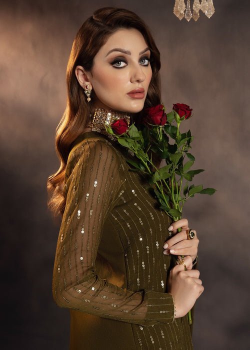 Meeral | Wedding Formals | Hina-Brand:Meeral-Type:Ladies Clothes-Olive Green-Chiffon-House of Maryam- Buy in UK, USA