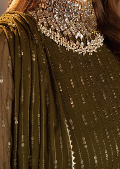Meeral | Wedding Formals | Hina-Brand:Meeral-Type:Ladies Clothes-Olive Green-Chiffon-House of Maryam- Buy in UK, USA