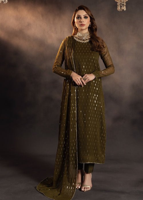 Meeral | Wedding Formals | Hina-Brand:Meeral-Type:Ladies Clothes-Olive Green-Chiffon-House of Maryam- Buy in UK, USA