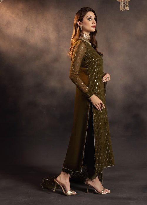 Meeral | Wedding Formals | Hina-Brand:Meeral-Type:Ladies Clothes-Olive Green-Chiffon-House of Maryam- Buy in UK, USA