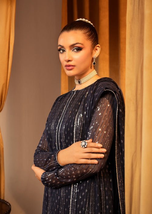 Meeral | Wedding Formals | Lillium-Brand:Meeral-Type:Ladies Clothes-Midnight Blue-Chiffon-House of Maryam- Buy in UK, USA