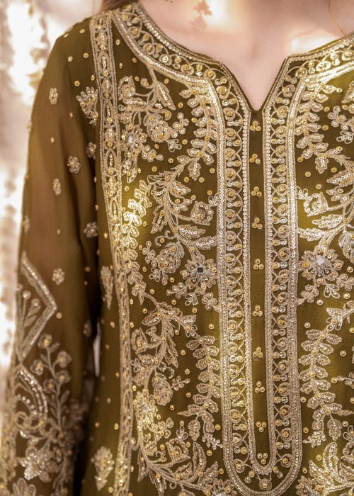 Meeral | Wedding Formals | Mehndi-Brand:Meeral-Type:Ladies Clothes-Olive Green-Chiffon-House of Maryam- Buy in UK, USA