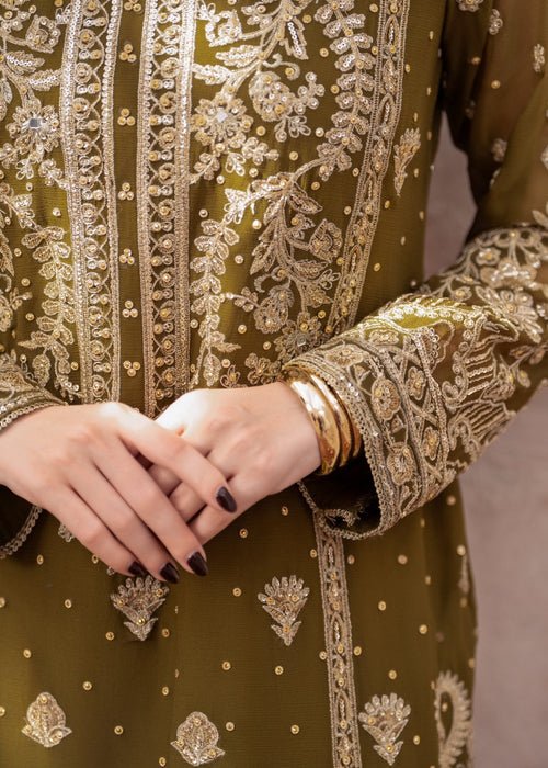 Meeral | Wedding Formals | Mehndi-Brand:Meeral-Type:Ladies Clothes-Olive Green-Chiffon-House of Maryam- Buy in UK, USA