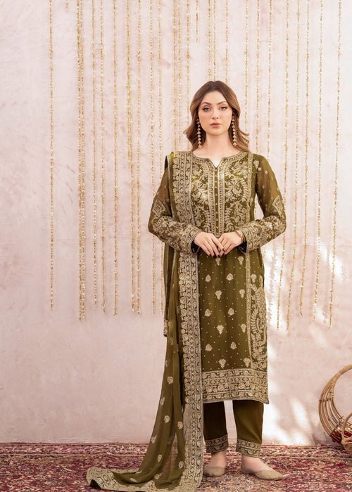 Meeral | Wedding Formals | Mehndi-Brand:Meeral-Type:Ladies Clothes-Olive Green-Chiffon-House of Maryam- Buy in UK, USA