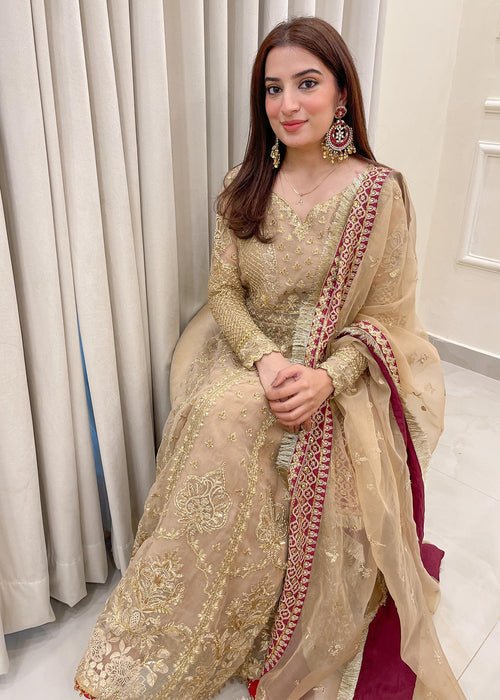 Meeral | Wedding Formals | Raqs-Brand:Meeral-Type:Ladies Clothes-Gold-Organza-House of Maryam- Buy in UK, USA