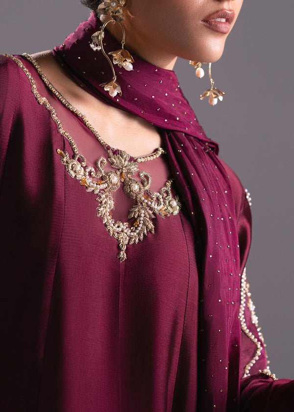 Mehak Yaqoob | Enchante The Luxe Edit | Garnet-Brand:Mehak Yaqoob-Type:Ladies Clothes-Magenta-Pure Sheesha Silk-House of Maryam- Buy in UK, USA