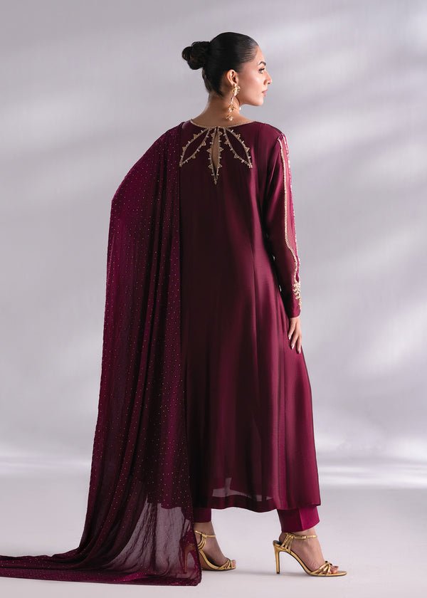 Mehak Yaqoob | Enchante The Luxe Edit | Garnet-Brand:Mehak Yaqoob-Type:Ladies Clothes-Magenta-Pure Sheesha Silk-House of Maryam- Buy in UK, USA