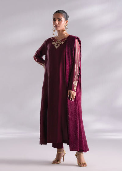 Mehak Yaqoob | Enchante The Luxe Edit | Garnet-Brand:Mehak Yaqoob-Type:Ladies Clothes-Magenta-Pure Sheesha Silk-House of Maryam- Buy in UK, USA