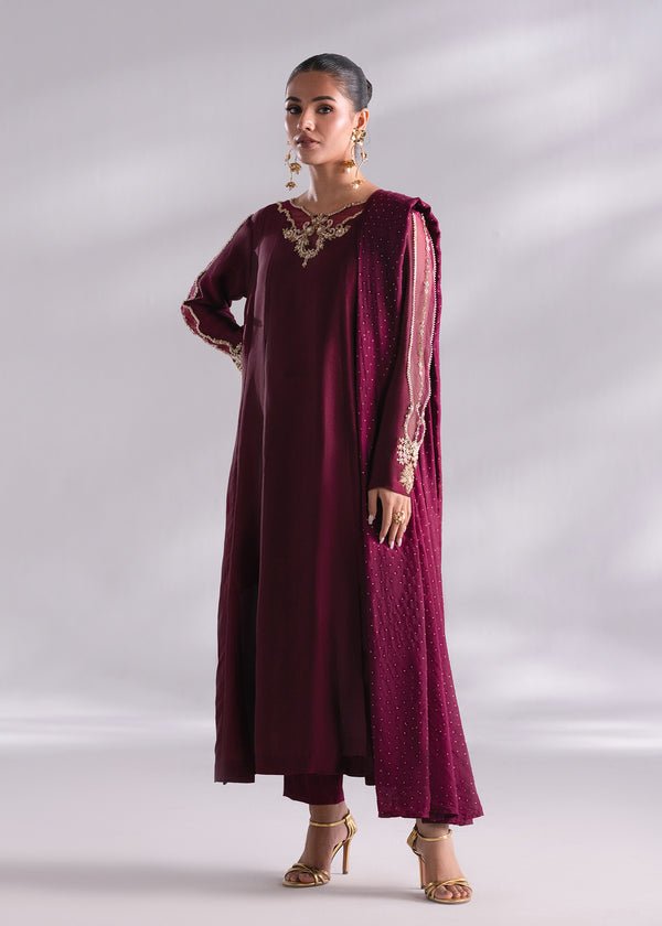 Mehak Yaqoob | Enchante The Luxe Edit | Garnet-Brand:Mehak Yaqoob-Type:Ladies Clothes-Magenta-Pure Sheesha Silk-House of Maryam- Buy in UK, USA
