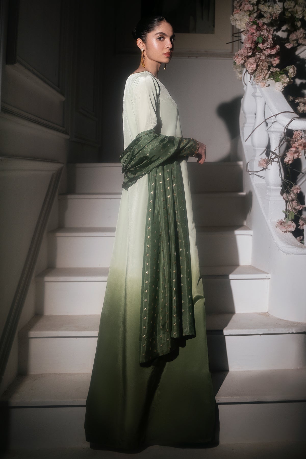 Mina Kashif | Emilie Formals | Floret-Brand:Mina Kashif-Type:Ladies Clothes-Green White-Roman Silk-House of Maryam- Buy in UK, USA