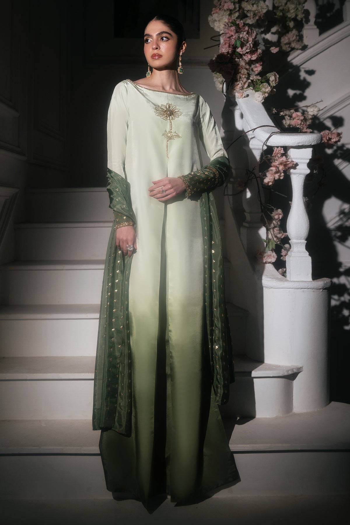 Mina Kashif | Emilie Formals | Floret-Brand:Mina Kashif-Type:Ladies Clothes-Green White-Roman Silk-House of Maryam- Buy in UK, USA