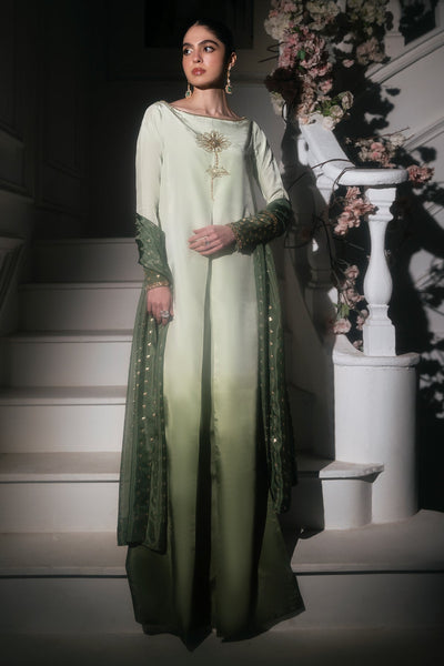 Mina Kashif | Emilie Formals | Floret-Brand:Mina Kashif-Type:Ladies Clothes-Green White-Roman Silk-House of Maryam- Buy in UK, USA