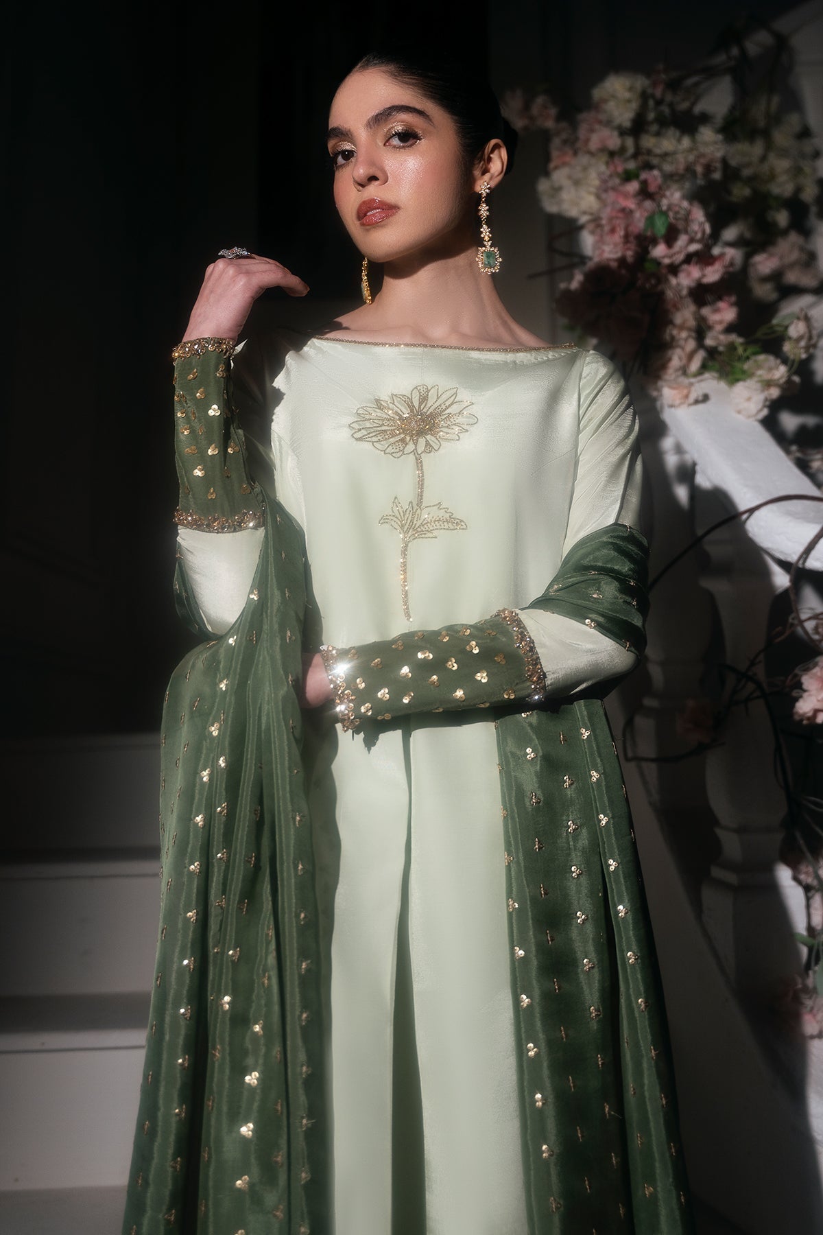 Mina Kashif | Emilie Formals | Floret-Brand:Mina Kashif-Type:Ladies Clothes-Green White-Roman Silk-House of Maryam- Buy in UK, USA