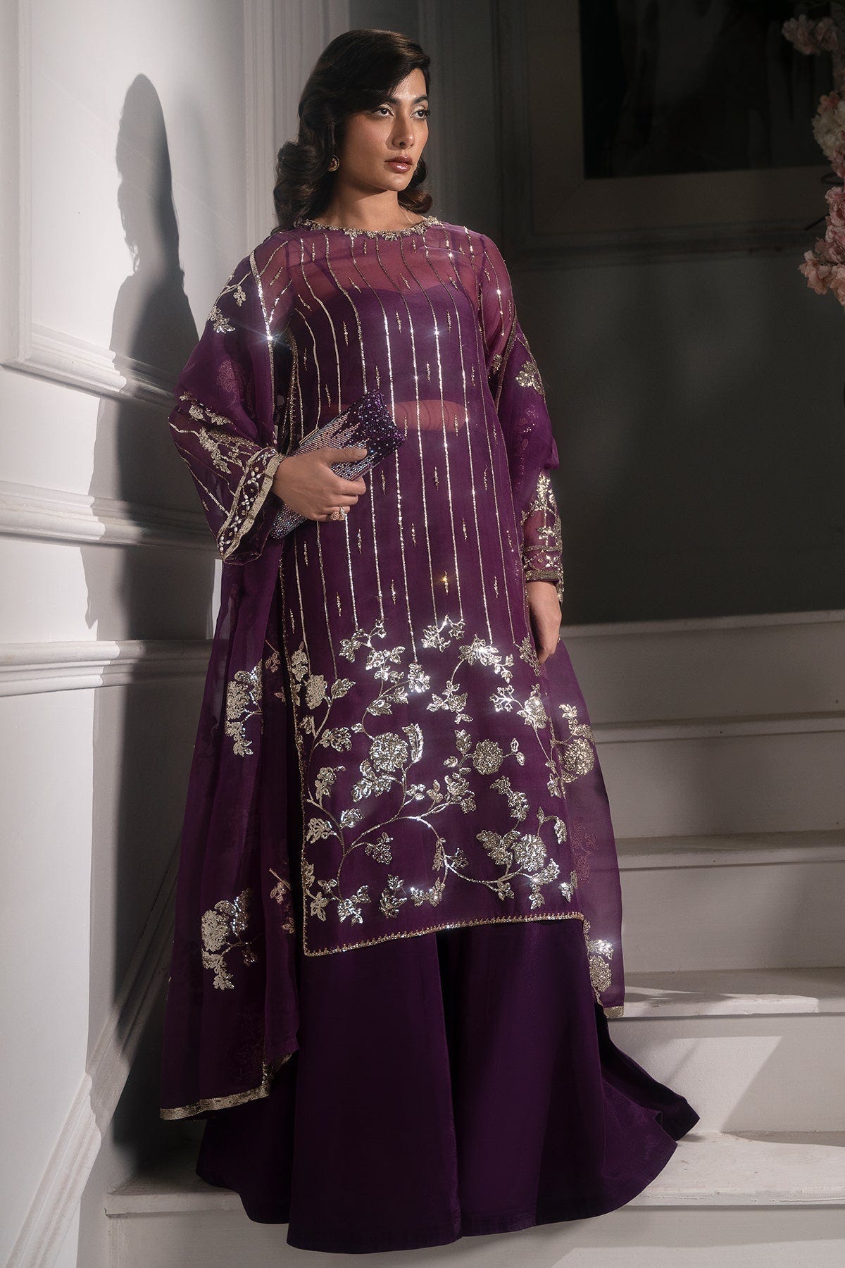 Mina Kashif | Emilie Formals | Marie-Brand:Mina Kashif-Type:Ladies Clothes-Plum-Roman Silk-House of Maryam- Buy in UK, USA