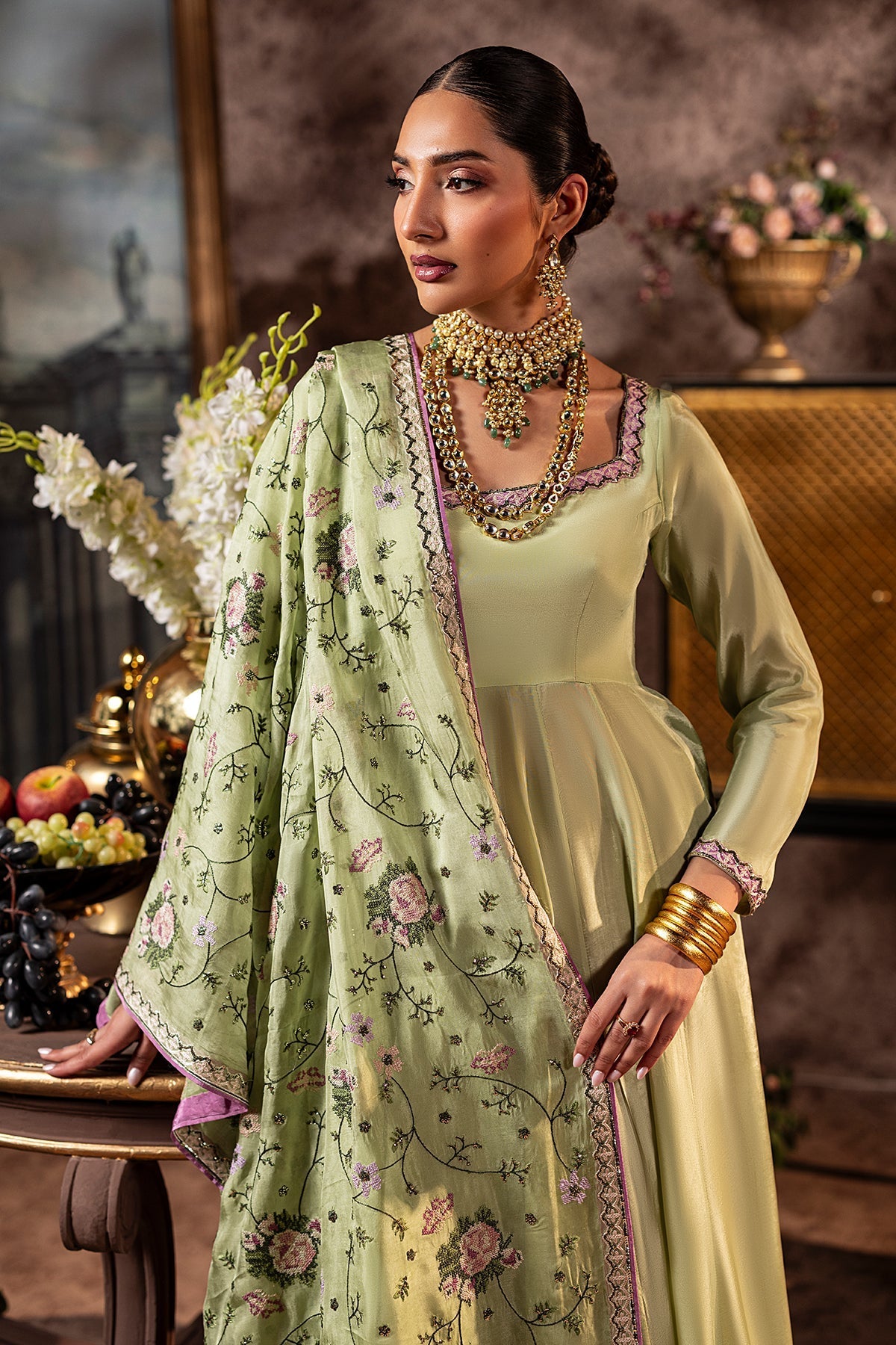Mina Kashif | Loona Lawn 25 | Elan-Brand:Mina Kashif-Type:Ladies Clothes-Apple Green-Roman Silk-House of Maryam- Buy in UK, USA