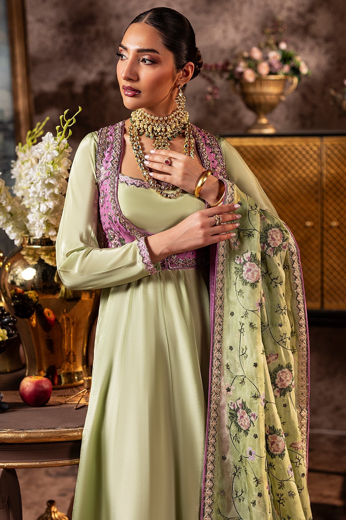 Mina Kashif | Loona Lawn 25 | Elan-Brand:Mina Kashif-Type:Ladies Clothes-Apple Green-Roman Silk-House of Maryam- Buy in UK, USA