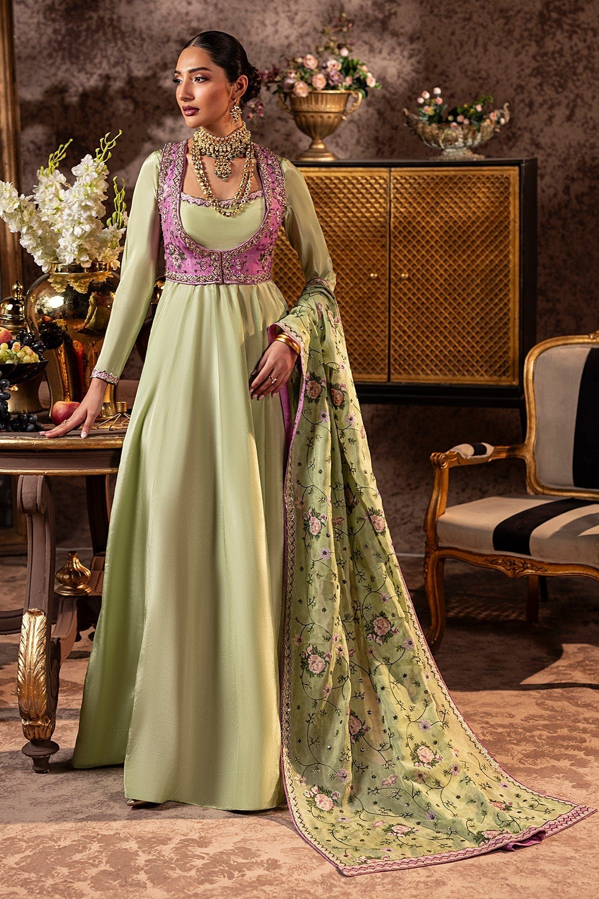 Mina Kashif | Loona Lawn 25 | Elan-Brand:Mina Kashif-Type:Ladies Clothes-Apple Green-Roman Silk-House of Maryam- Buy in UK, USA