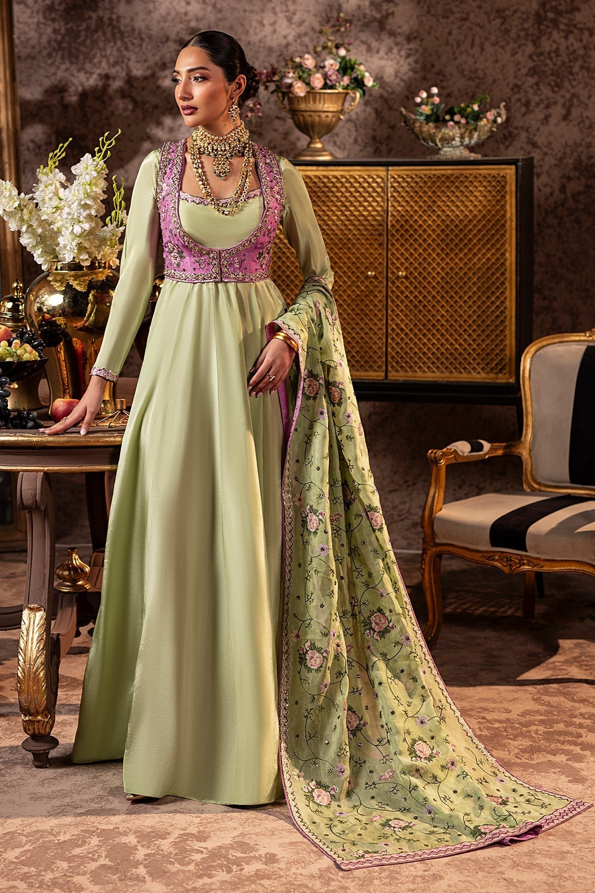 Mina Kashif | Loona Lawn 25 | Elan-Brand:Mina Kashif-Type:Ladies Clothes-Apple Green-Roman Silk-House of Maryam- Buy in UK, USA