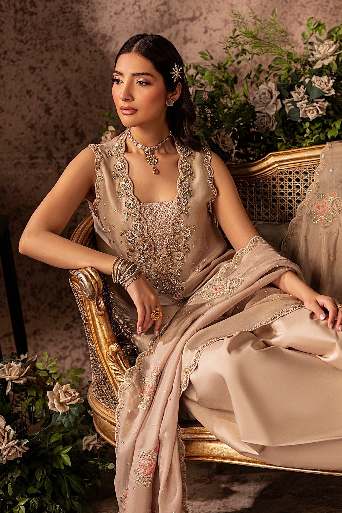 Mina Kashif | Loona Lawn 25 | Garnet-Brand:Mina Kashif-Type:Ladies Clothes-Beige-Tussar Silk-House of Maryam- Buy in UK, USA