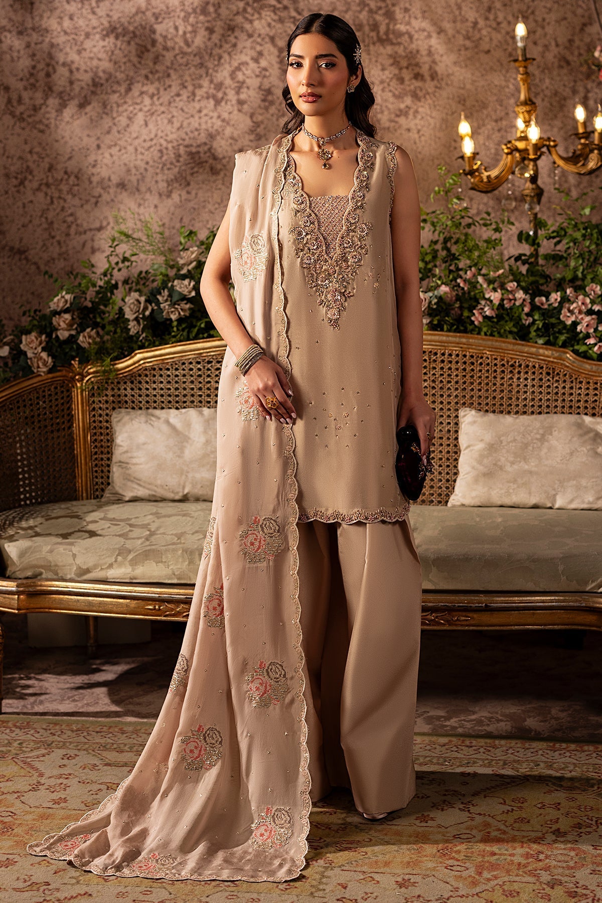 Mina Kashif | Loona Lawn 25 | Garnet-Brand:Mina Kashif-Type:Ladies Clothes-Beige-Tussar Silk-House of Maryam- Buy in UK, USA