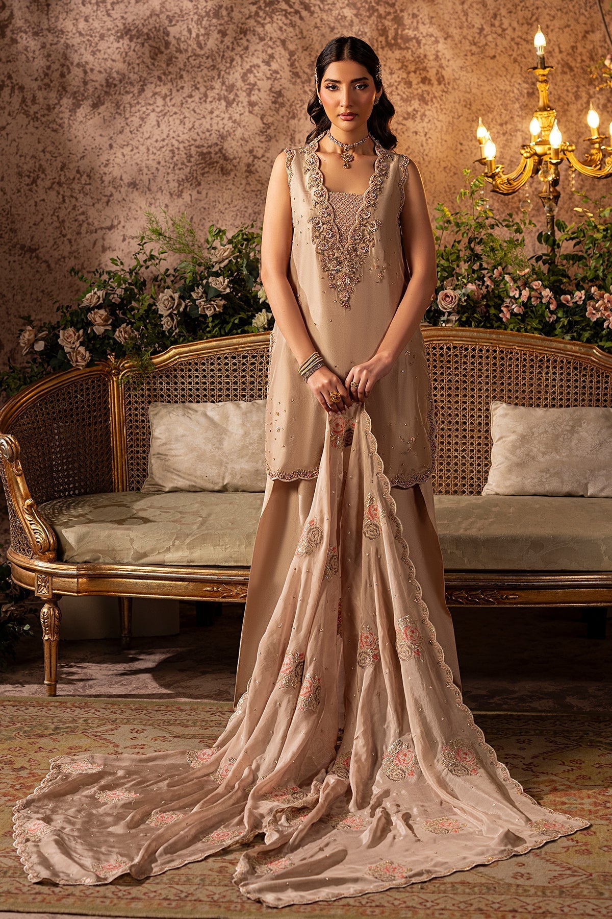 Mina Kashif | Loona Lawn 25 | Garnet-Brand:Mina Kashif-Type:Ladies Clothes-Beige-Tussar Silk-House of Maryam- Buy in UK, USA