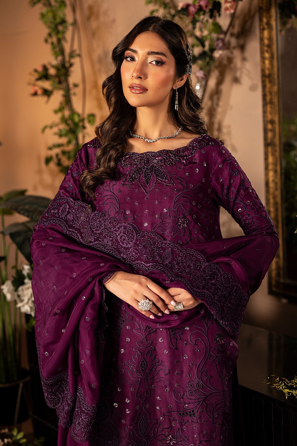 Mina Kashif | Loona Lawn 25 | Jade-Brand:Mina Kashif-Type:Ladies Clothes-Dark Purple-Tussar Silk-House of Maryam- Buy in UK, USA
