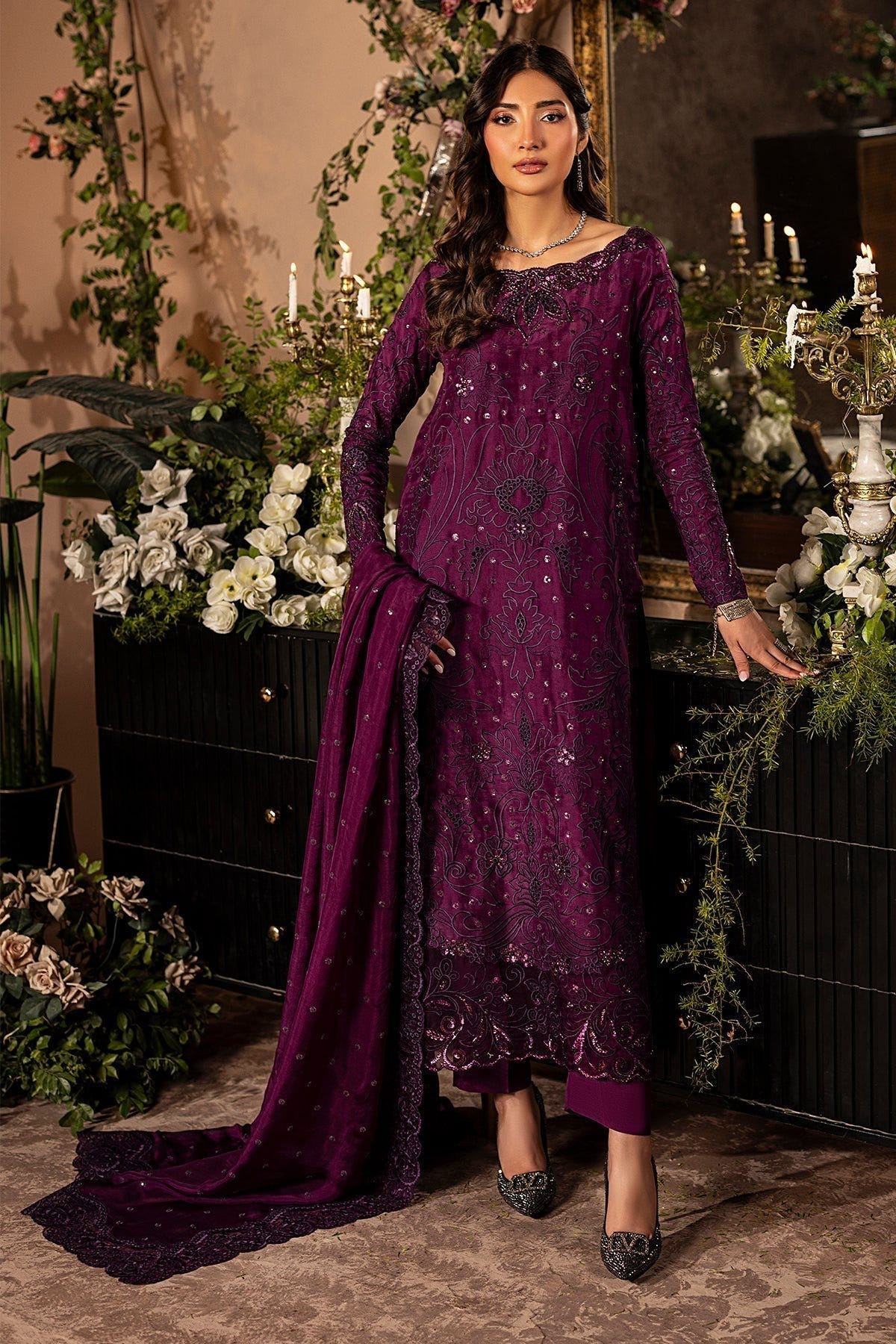 Mina Kashif | Loona Lawn 25 | Jade-Brand:Mina Kashif-Type:Ladies Clothes-Dark Purple-Tussar Silk-House of Maryam- Buy in UK, USA