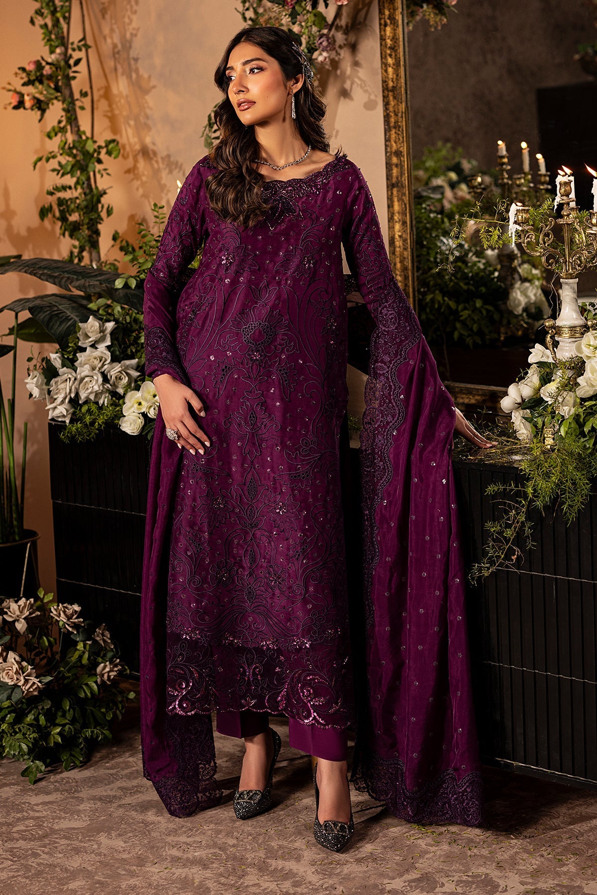 Mina Kashif | Loona Lawn 25 | Jade-Brand:Mina Kashif-Type:Ladies Clothes-Dark Purple-Tussar Silk-House of Maryam- Buy in UK, USA