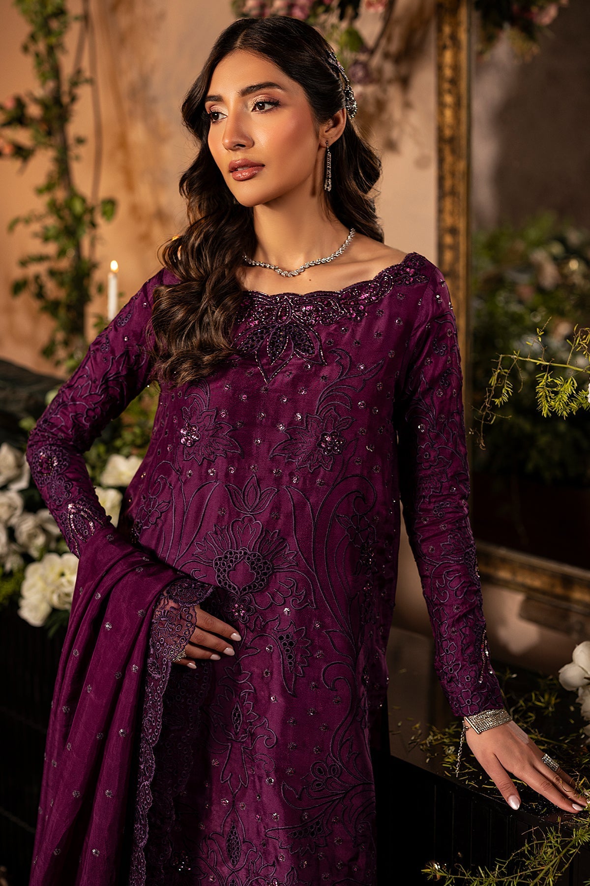 Mina Kashif | Loona Lawn 25 | Jade-Brand:Mina Kashif-Type:Ladies Clothes-Dark Purple-Tussar Silk-House of Maryam- Buy in UK, USA
