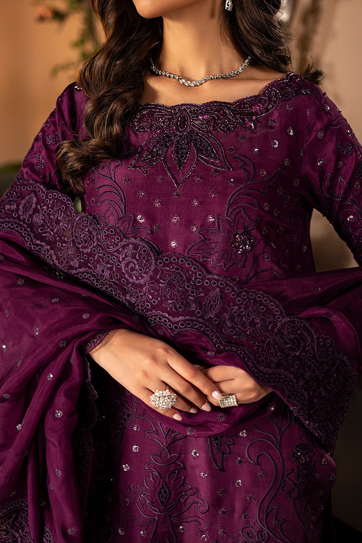 Mina Kashif | Loona Lawn 25 | Jade-Brand:Mina Kashif-Type:Ladies Clothes-Dark Purple-Tussar Silk-House of Maryam- Buy in UK, USA