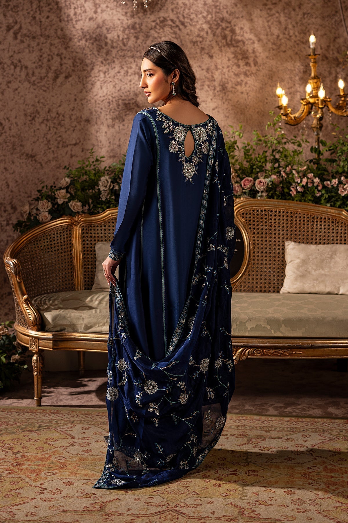 Mina Kashif | Loona Lawn 25 | Midnight-Brand:Mina Kashif-Type:Ladies Clothes-Deep Blue-Tussar Silk-House of Maryam- Buy in UK, USA