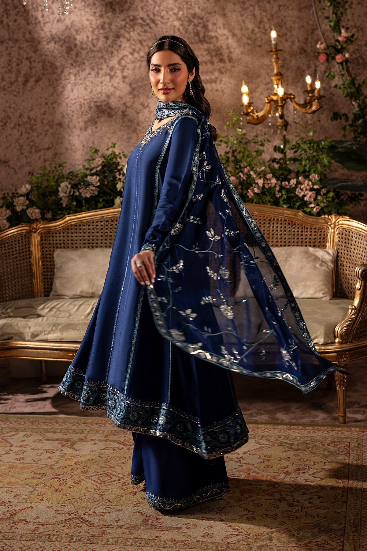Mina Kashif | Loona Lawn 25 | Midnight-Brand:Mina Kashif-Type:Ladies Clothes-Deep Blue-Tussar Silk-House of Maryam- Buy in UK, USA