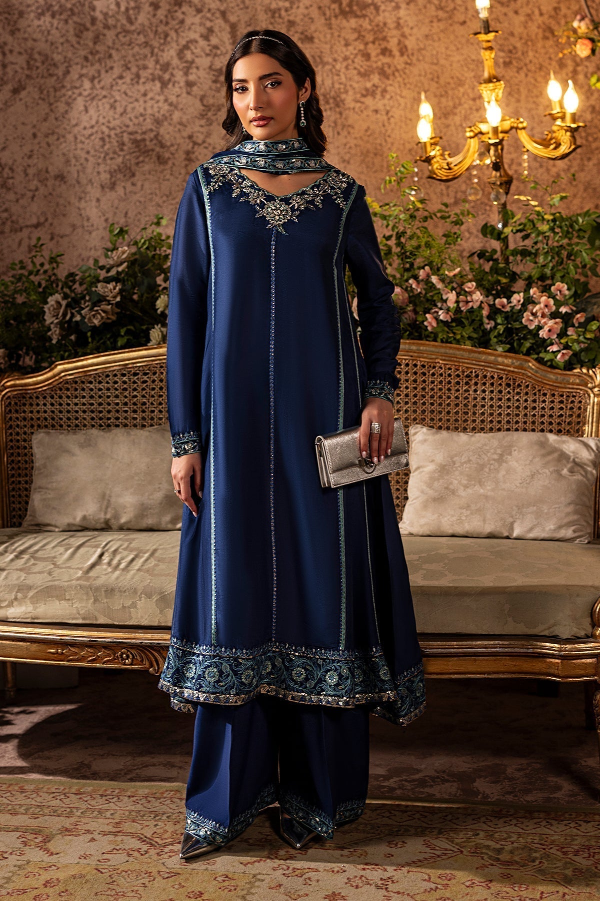 Mina Kashif | Loona Lawn 25 | Midnight-Brand:Mina Kashif-Type:Ladies Clothes-Deep Blue-Tussar Silk-House of Maryam- Buy in UK, USA