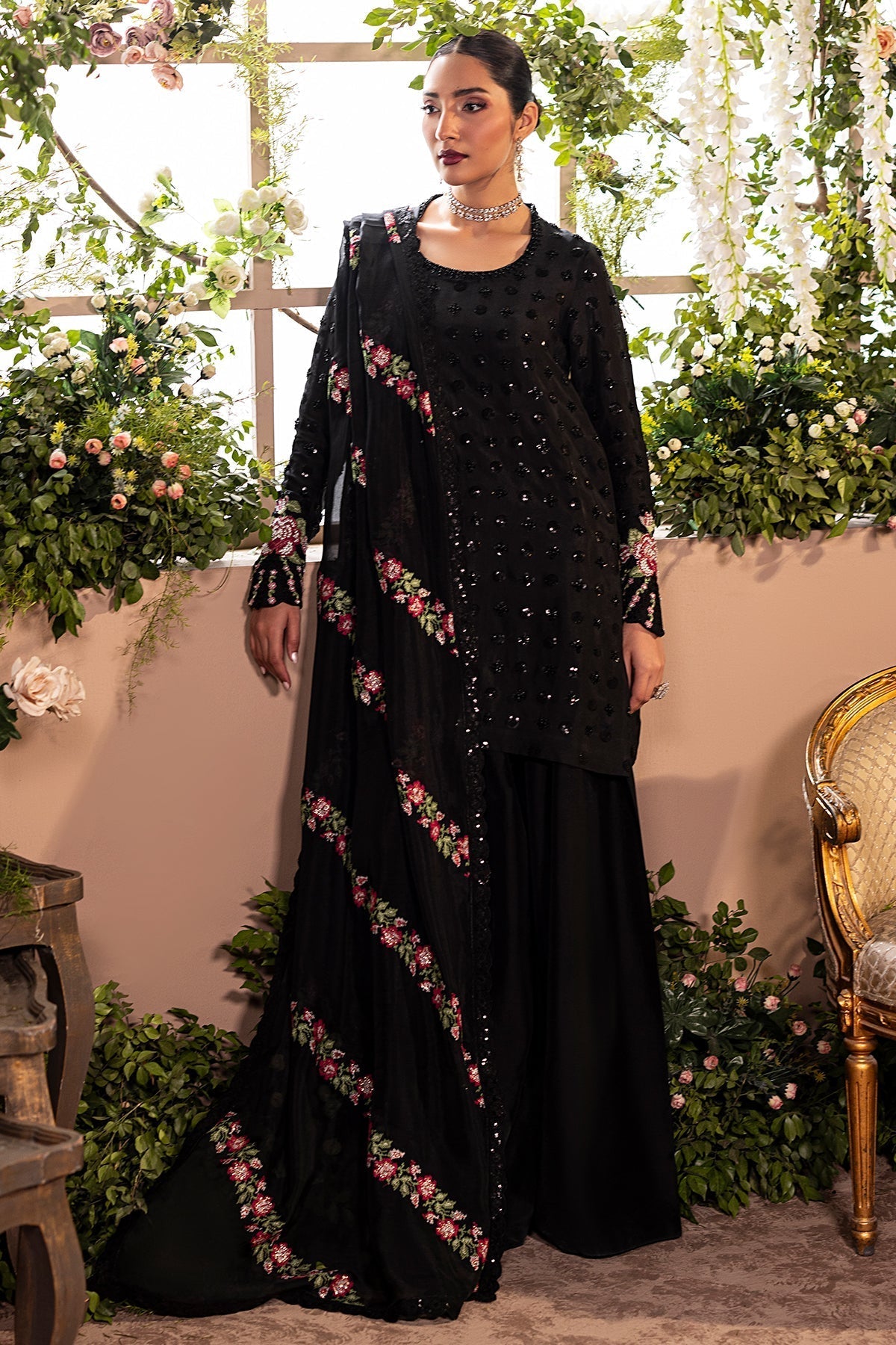 Mina Kashif | Loona Lawn 25 | Opal-Brand:Mina Kashif-Type:Ladies Clothes-Black-Pure Tussar Silk-House of Maryam- Buy in UK, USA