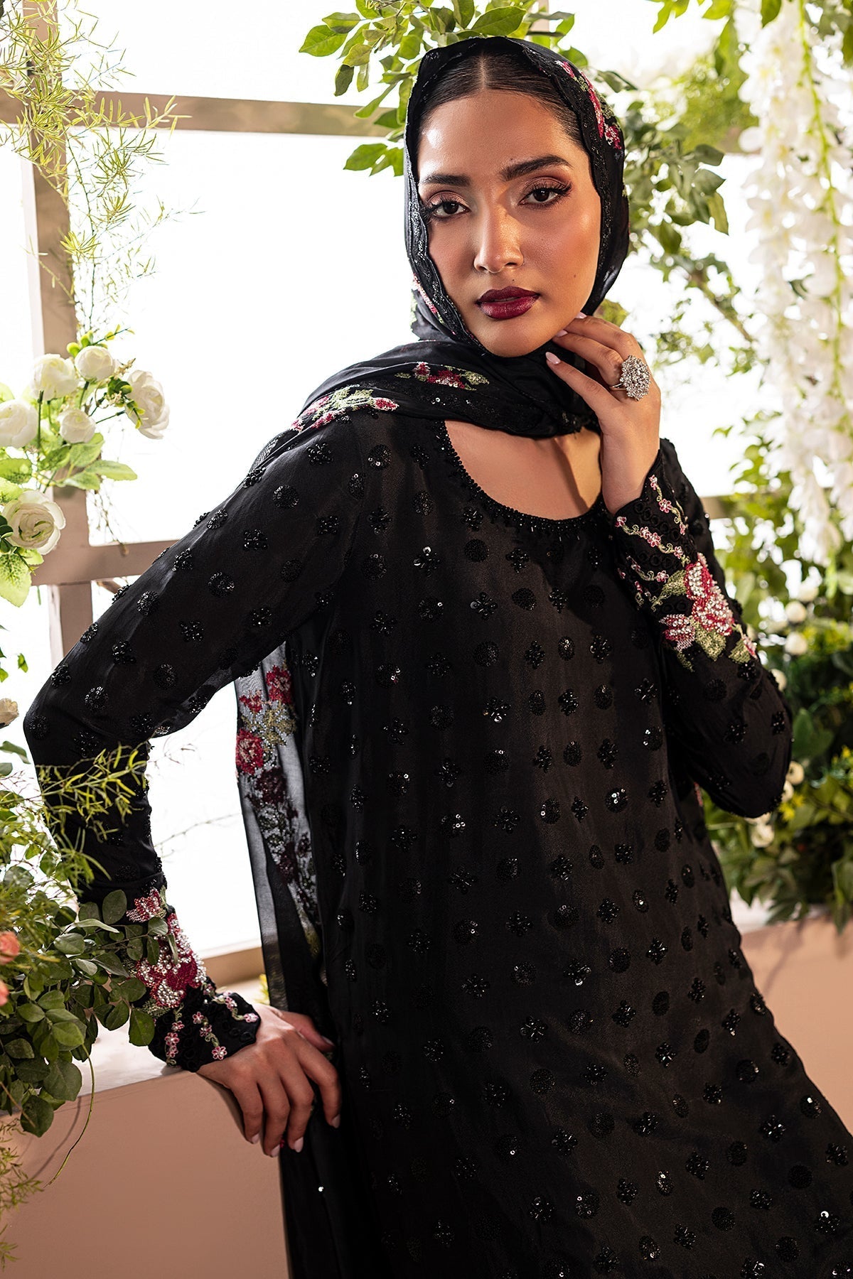 Mina Kashif | Loona Lawn 25 | Opal-Brand:Mina Kashif-Type:Ladies Clothes-Black-Pure Tussar Silk-House of Maryam- Buy in UK, USA