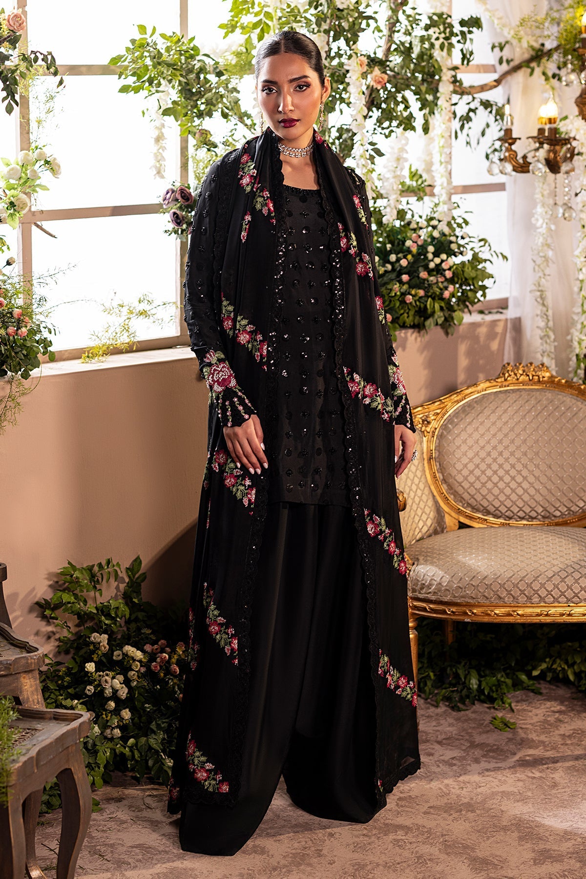 Mina Kashif | Loona Lawn 25 | Opal-Brand:Mina Kashif-Type:Ladies Clothes-Black-Pure Tussar Silk-House of Maryam- Buy in UK, USA