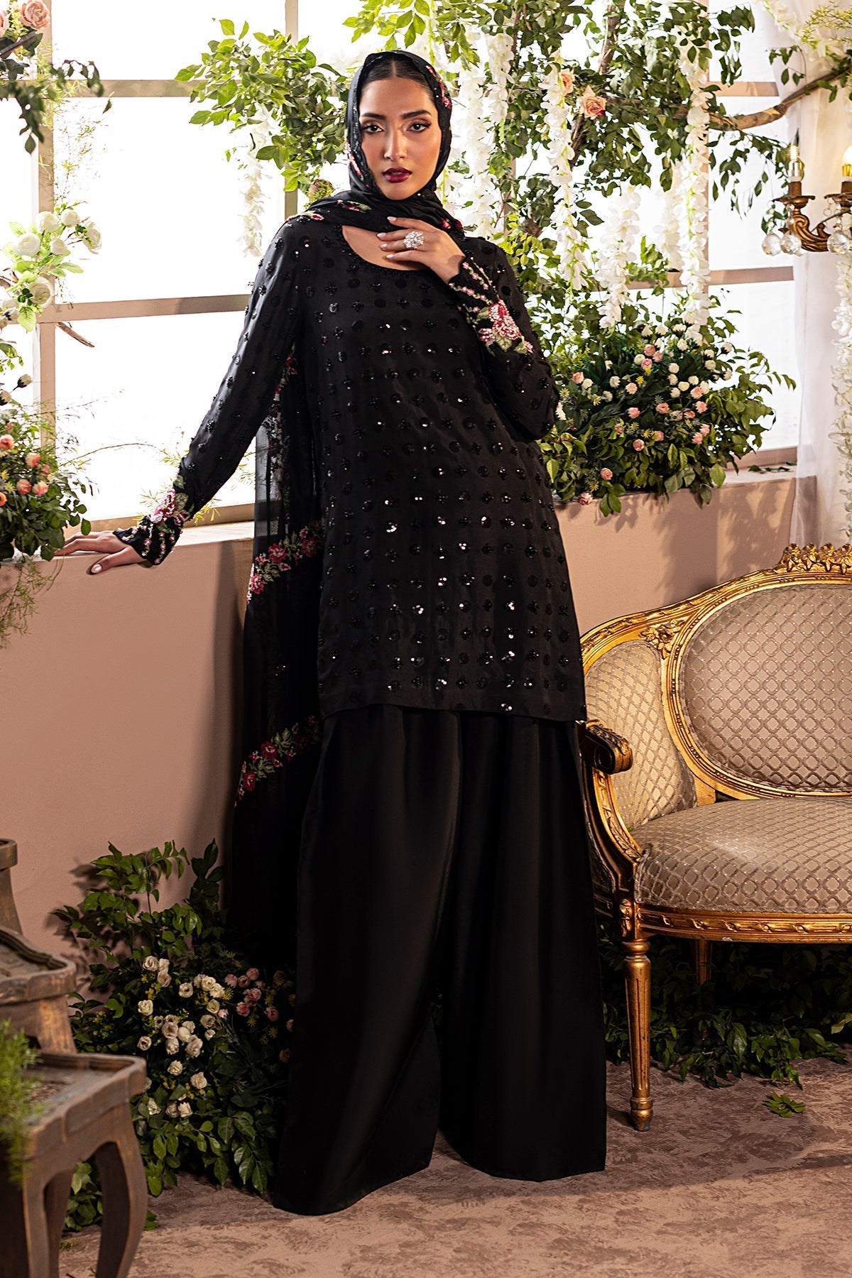 Mina Kashif | Loona Lawn 25 | Opal-Brand:Mina Kashif-Type:Ladies Clothes-Black-Pure Tussar Silk-House of Maryam- Buy in UK, USA