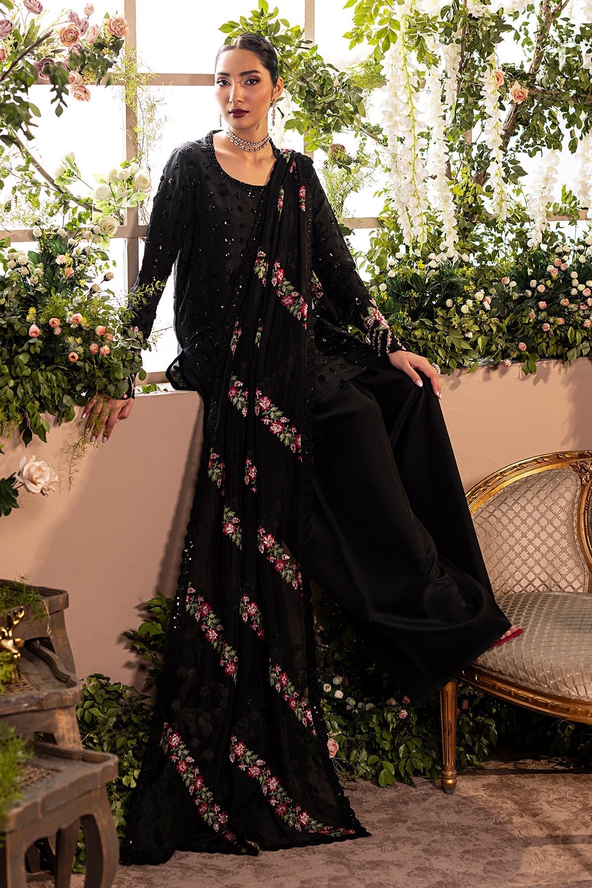 Mina Kashif | Loona Lawn 25 | Opal-Brand:Mina Kashif-Type:Ladies Clothes-Black-Pure Tussar Silk-House of Maryam- Buy in UK, USA