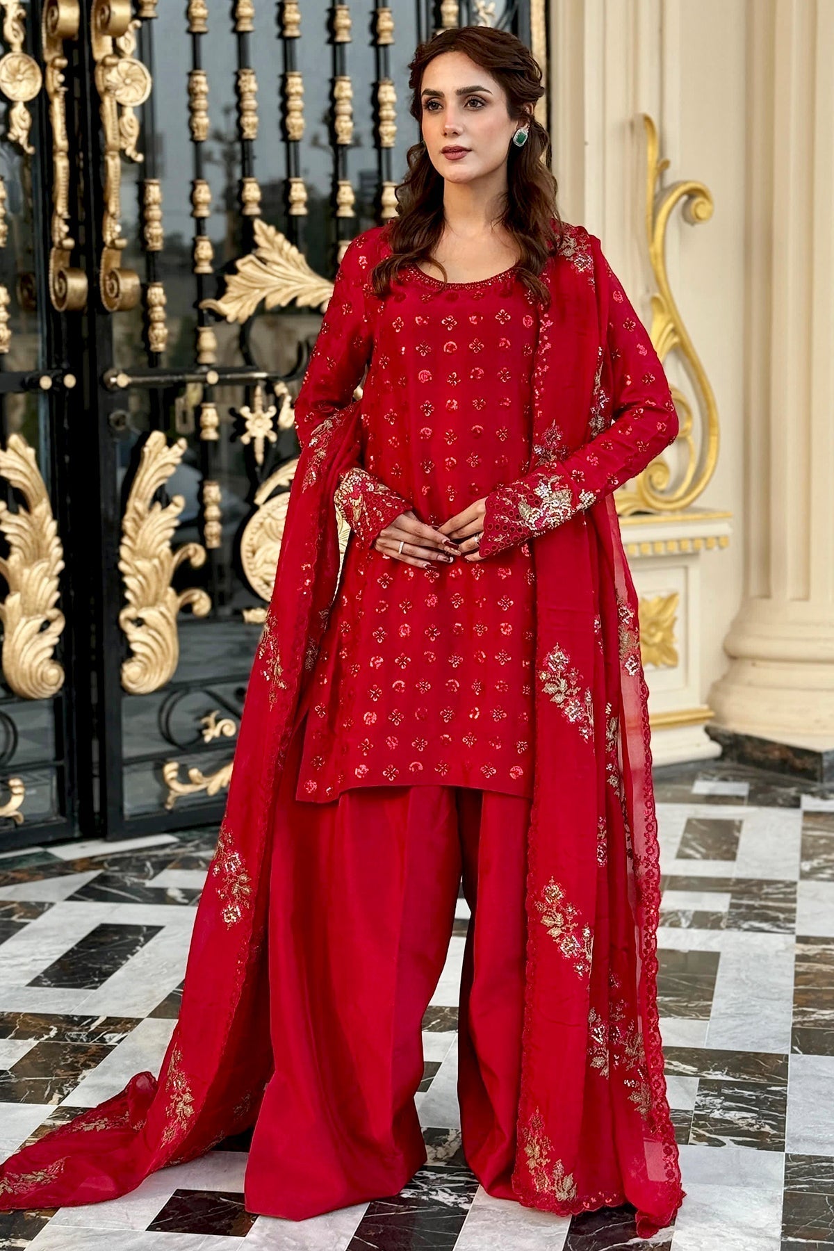 Mina Kashif | Loona Lawn 25 | Ruby-Brand:Mina Kashif-Type:Ladies Clothes-Red-Pure Tussar Silk-House of Maryam- Buy in UK, USA