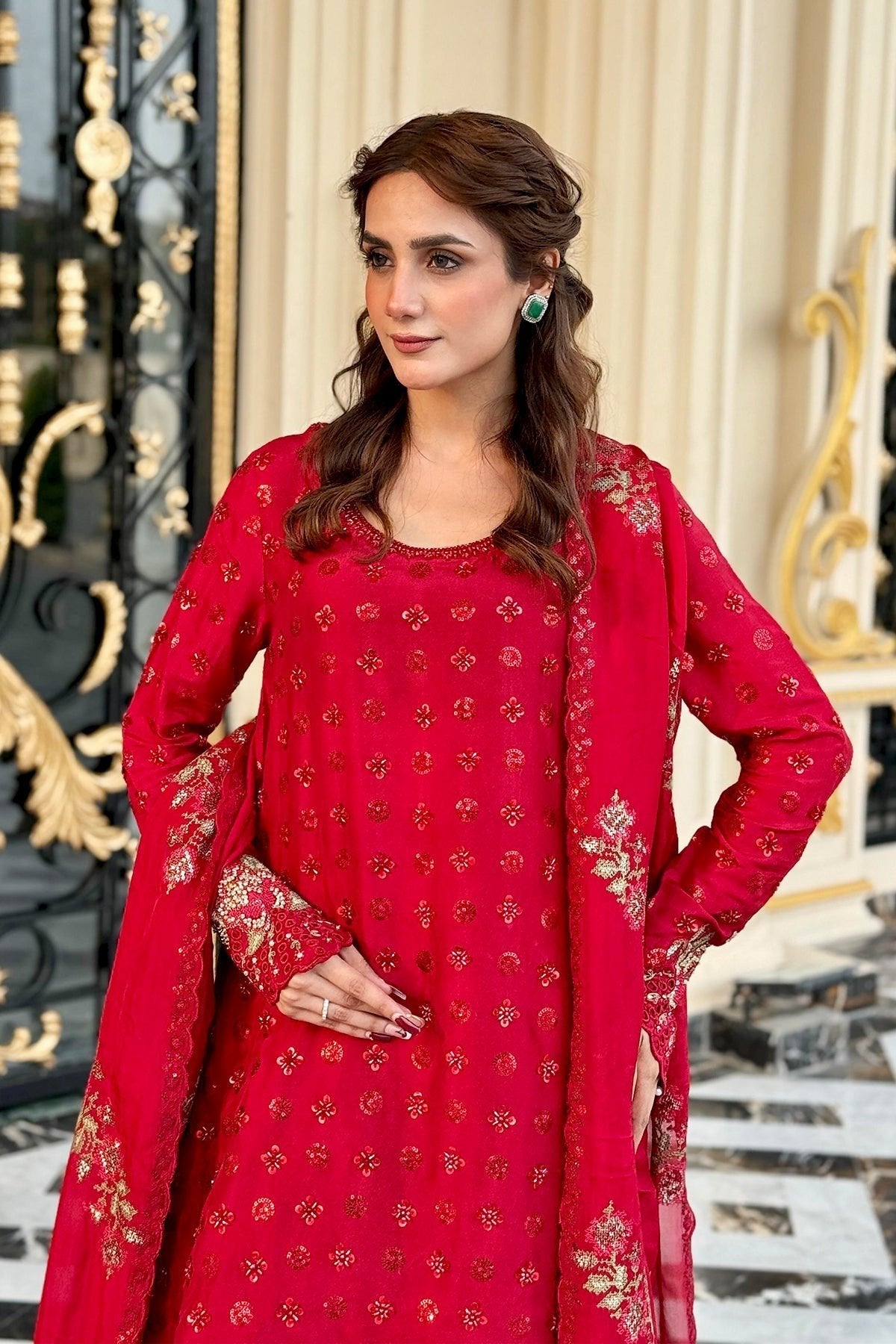 Mina Kashif | Loona Lawn 25 | Ruby-Brand:Mina Kashif-Type:Ladies Clothes-Red-Pure Tussar Silk-House of Maryam- Buy in UK, USA