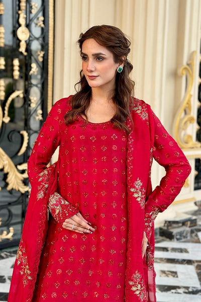 Mina Kashif | Loona Lawn 25 | Ruby-Brand:Mina Kashif-Type:Ladies Clothes-Red-Pure Tussar Silk-House of Maryam- Buy in UK, USA