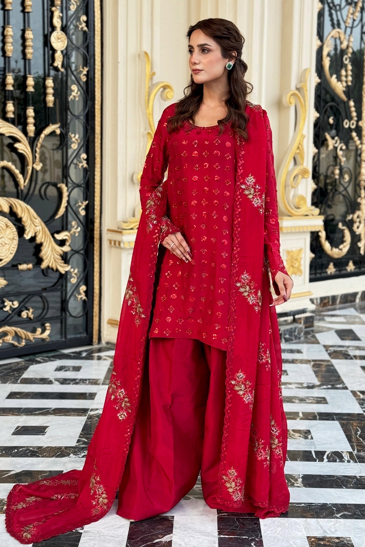 Mina Kashif | Loona Lawn 25 | Ruby-Brand:Mina Kashif-Type:Ladies Clothes-Red-Pure Tussar Silk-House of Maryam- Buy in UK, USA