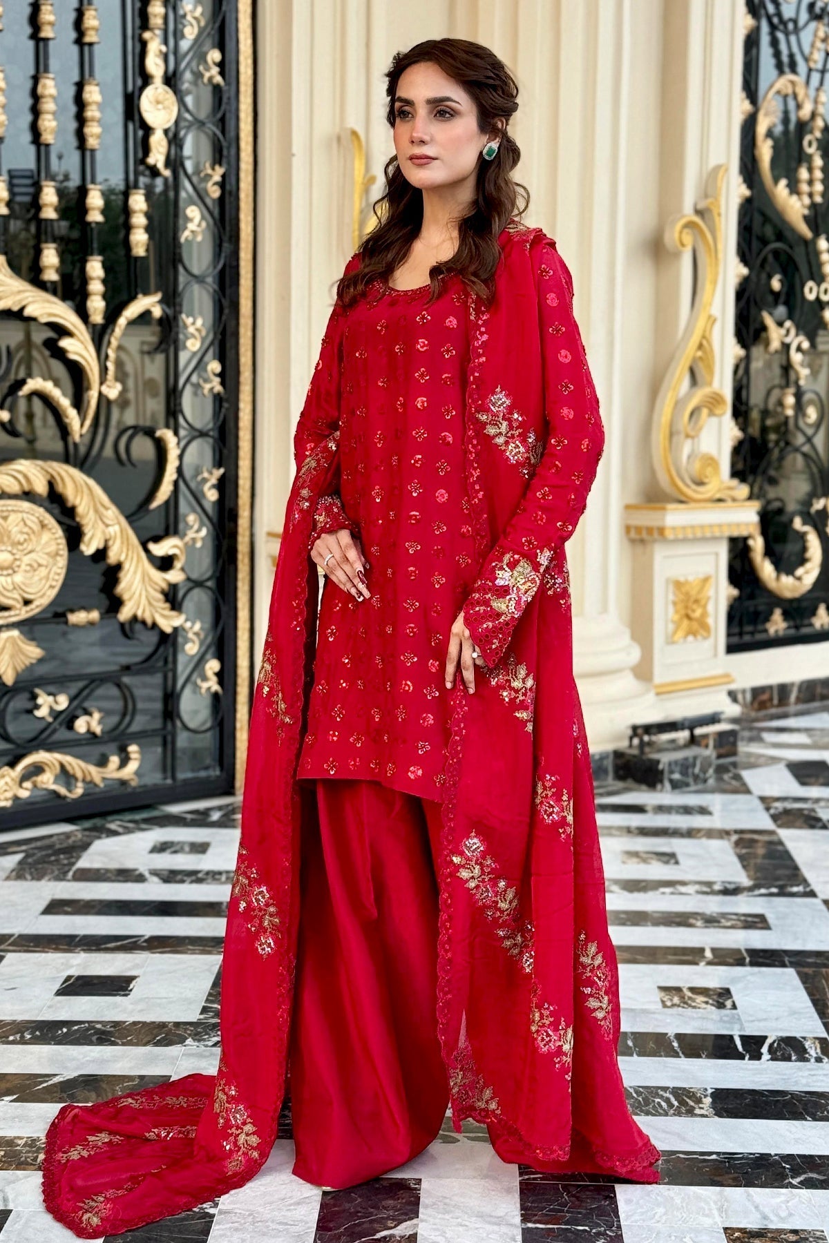 Mina Kashif | Loona Lawn 25 | Ruby-Brand:Mina Kashif-Type:Ladies Clothes-Red-Pure Tussar Silk-House of Maryam- Buy in UK, USA