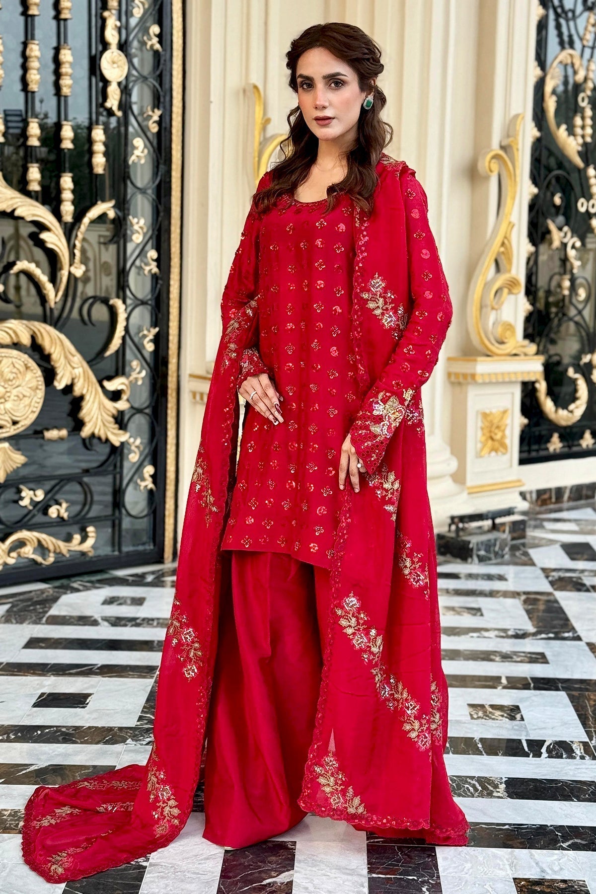 Mina Kashif | Loona Lawn 25 | Ruby-Brand:Mina Kashif-Type:Ladies Clothes-Red-Pure Tussar Silk-House of Maryam- Buy in UK, USA